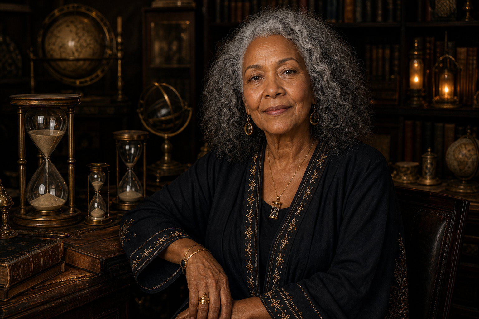 Retrato de Amara Diniz, Elementar sénior da Família do Tempo — Ampulheta, diante de ampulhetas e livros.