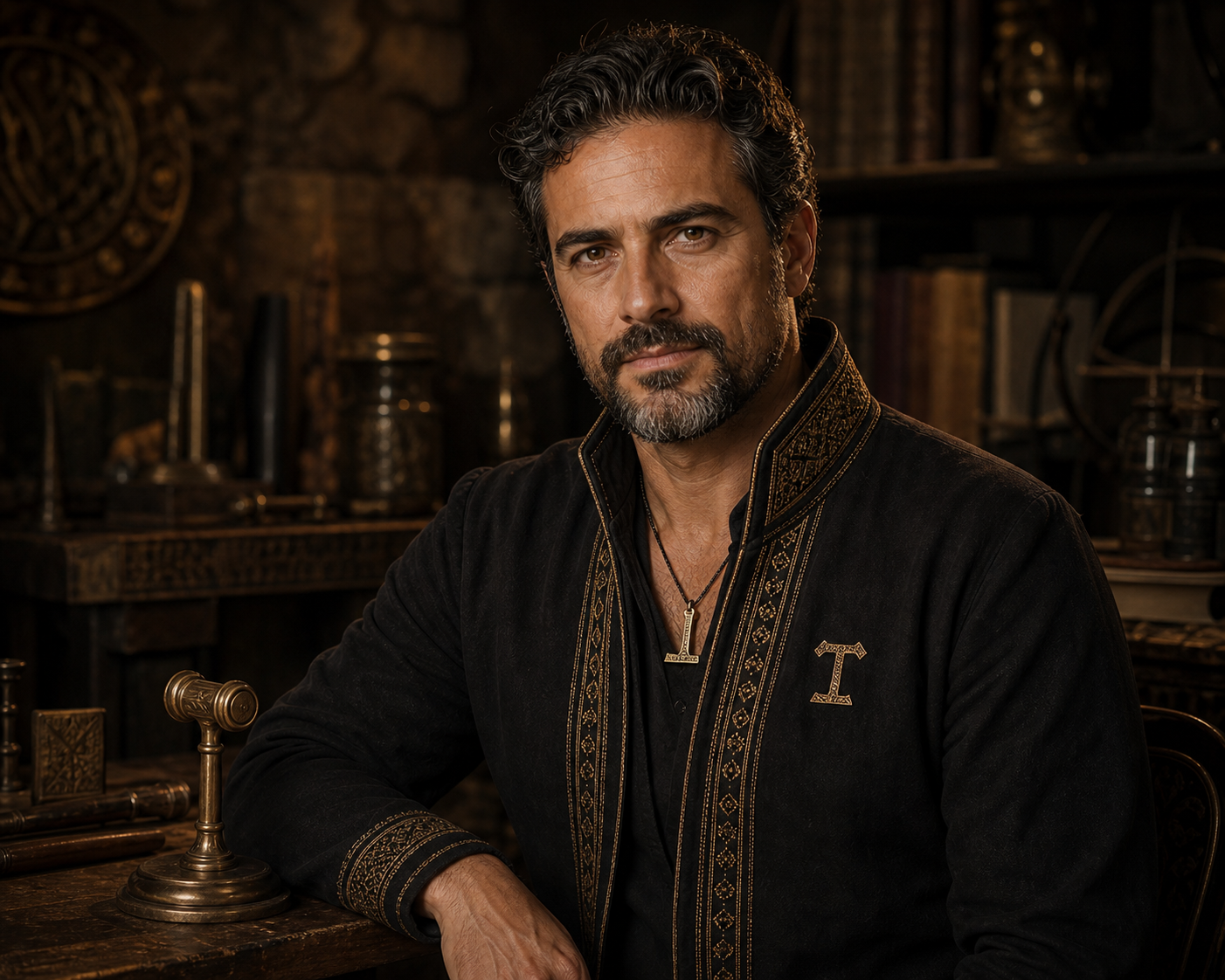 Retrato de Duarte Valença, Elementar da Família da Ação — Martelo, num gabinete ritual com ferramentas simbólicas.