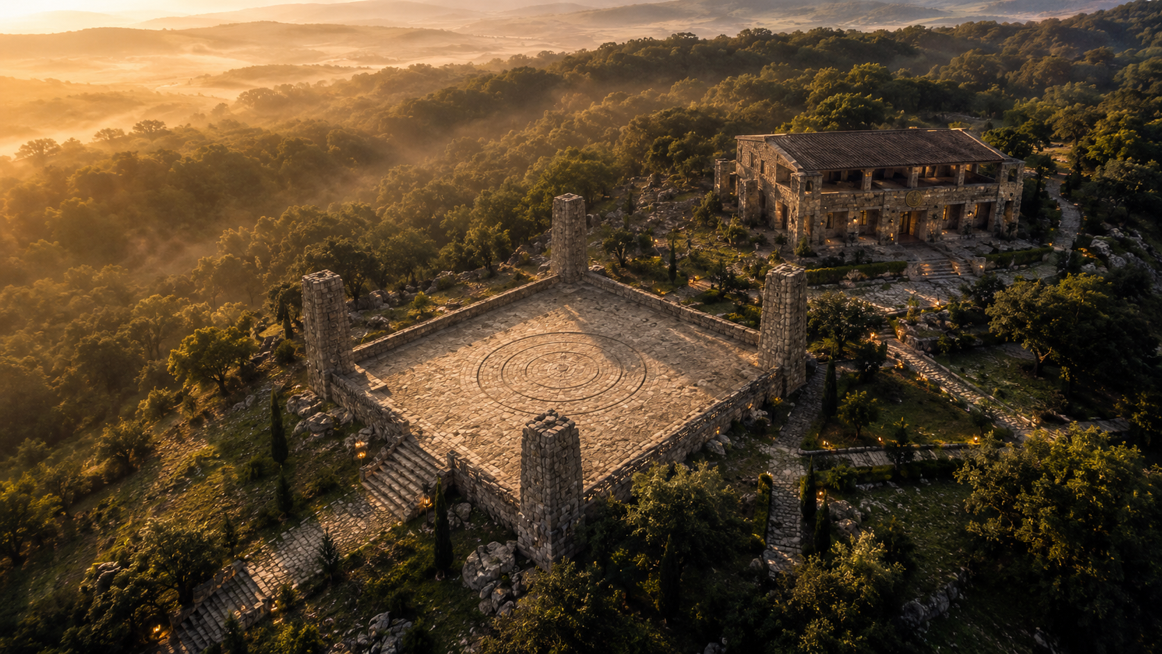Templo matriano entre colinas iluminadas pelo amanhecer.